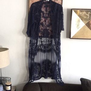 LF STRETCH BOHO ETHEREAL FLORAL EMBROIDERED KIMONO DUSTER JACKER SHAWL S